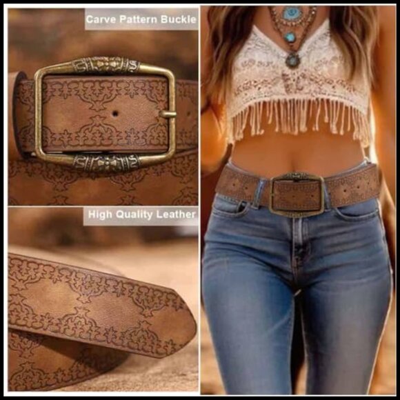 Genuine Leather Western Belt with Floral Embossed Detailing main image 4